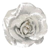 Kerstboomversiering Bloem - 12 cm - zilver glitter - op clip - ornament - roos