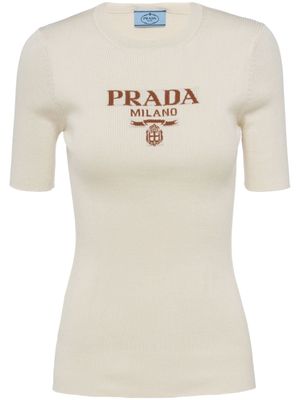 Prada pull en soie à logo en intarsia - Tons neutres