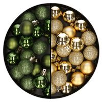 40x stuks kleine kunststof kerstballen groen en goud 3 cm   -