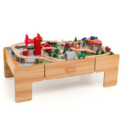 100-Delige Trein Set Tafel Multifunctionele Houten Kinder Tafel met Omkeerbaar Tafelblad Creatieve Trein en Spoor Speelset voor Kinderen van 3 +