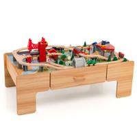 100-Delige Trein Set Tafel Multifunctionele Houten Kinder Tafel met Omkeerbaar Tafelblad Creatieve Trein en Spoor Speelset voor Kinderen van 3 +