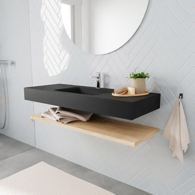 Mondiaz Alan badmeubel 120 cm planchet washed oak vrijhangend wastafel midden 1 kraangat zwart