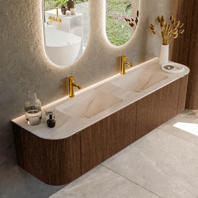 Badmeubel Mondiaz Kurve-Dlux | 180 cm | Meubelkleur Walnut | Wastafelkleur Meli | Solid surface | Wasbak beide zijden spoelbak | 2 kraangaten