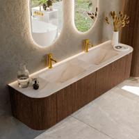 Badmeubel Mondiaz Kurve-Dlux | 180 cm | Meubelkleur Walnut | Wastafelkleur Meli | Solid surface | Wasbak beide zijden spoelbak | 2 kraangaten
