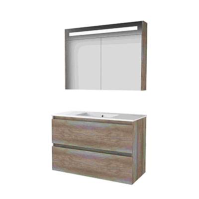 Basic-Line Premium 46 Badkamermeubelset - 100 x 46 cm - Greeploos - 2 Lades - Keramische Wastafel - 1 Kraangat - Spiegelkast met LED Verlichting - Scotch Oak