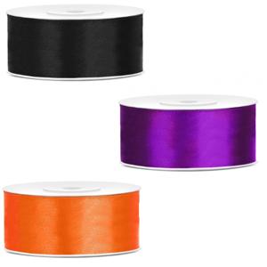 Bellatio decorations 3x rollen satijn cadeaulint - 2.5 cm x 25 meter - Halloween kleuren mix