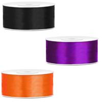 Bellatio decorations 3x rollen satijn cadeaulint - 2.5 cm x 25 meter - Halloween kleuren mix