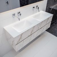 Mondiaz Vica Cloud badmeubel wit carrara mat 150 cm 4 lades solid surface dubbele spoelbak zonder kraangat