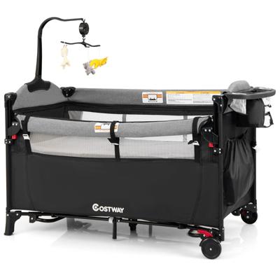 Baby Ledikant 5-In-1 Converteerbaar Babybedje met Verschoontafel Opbergzak Hangend Speelgoed & Draagtas Zwart