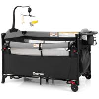 Baby Ledikant 5-In-1 Converteerbaar Babybedje met Verschoontafel Opbergzak Hangend Speelgoed & Draagtas Zwart