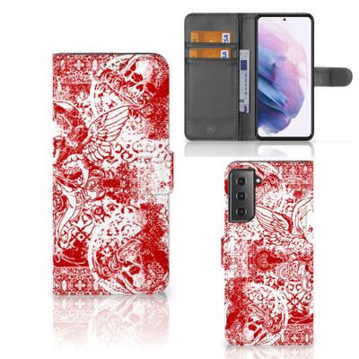 Telefoonhoesje met Naam Samsung Galaxy S21 Plus Angel Skull Rood | Portemonnee hoesje