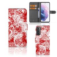 Telefoonhoesje met Naam Samsung Galaxy S21 Plus Angel Skull Rood | Portemonnee hoesje