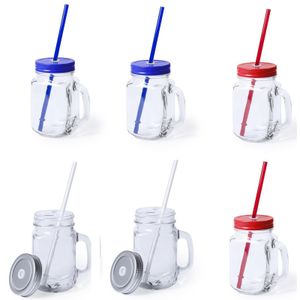 Set 6x glazen drinkbekers dop/rietje 500 ml zilver/blauw/rood