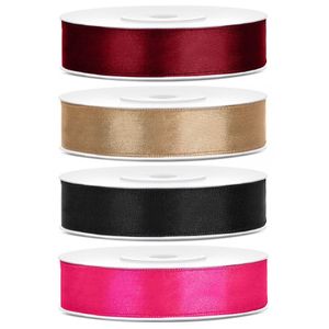 4x rollen satijnlint bordeaux-goud-zwart-roze 1,2 cm x 25 meter