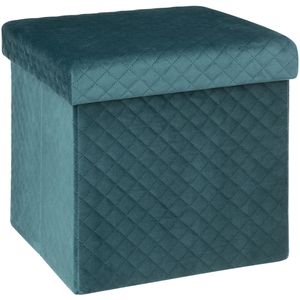 Poef/hocker - opbergbox - fluweel blauw - kunststof/mdf - 31 x 31 x 31 cm - opvouwbaar