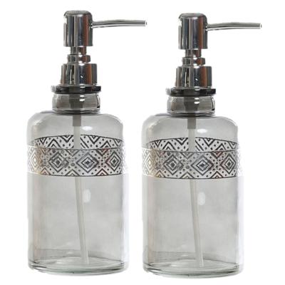 Items Zeeppompje/zeepdispenser - 2x - grijs - transparant - glas - 400 ml - navulbaar - keuken/badka