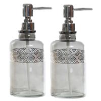 Items Zeeppompje/zeepdispenser - 2x - grijs - transparant - glas - 400 ml - navulbaar - keuken/badka