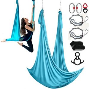 VEVOR Aerial Yoga hangmatset 10 x 2,8 m, blauw Aerial Yoga Swing Air Flies, Indoor Aerial Yoga Hangmat Swing 1000 kg max. draagvermogen, inclusief yogasokken & stalen karabijnhaak & aluminium wartel