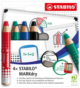 Whiteboardpotlood STABILO MARKdry 648/4 inclusief slijper en microvezeldoek assorti etui Ã 4 stuks