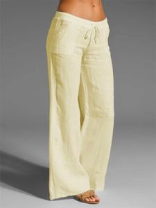 Casual mid-rise solid color linen straight-leg Pants