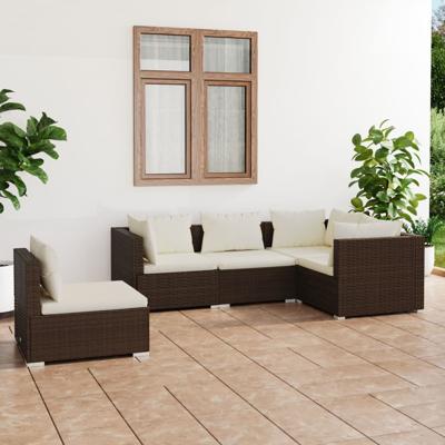 5-delige Loungeset met kussens poly rattan bruin