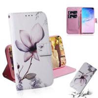 Magnolia bloem patroon gekleurde tekening horizontale Flip lederen case voor Galaxy S10 Plus met houder & card slots & portemonnee