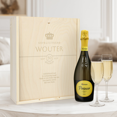 Champagnepakket met glazen - Riondo Prosecco Spumante - Gegraveerde deksel