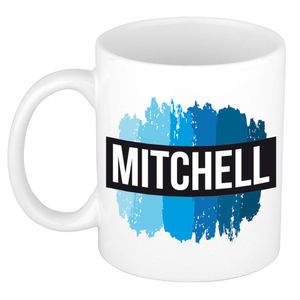 Naam cadeau mok / beker Mitchell met blauwe verfstrepen 300 ml   -