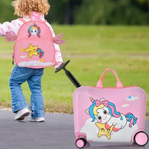 Set van 2 Stuks Bagage voor Kinderen Koffer van 47 cm en Rugzak van 30 cm met Wieltjes en Waterdichte Harde Schaal Roze