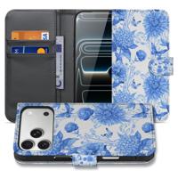 Apple iPhone 17 Pro Portemonnee Hoesje Blauw Bloemen PU-Leer 3 Pasjes