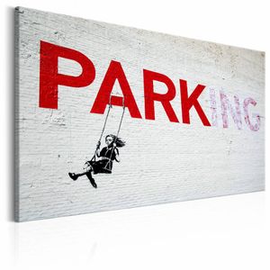 Schilderij - Banksy - Parking , grijs rood , wanddecoratie , premium print op canvas