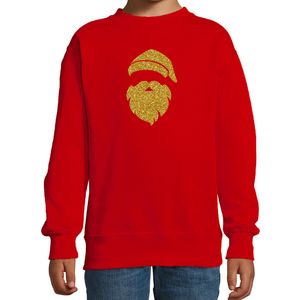 Kerstman hoofd Kerstsweater / Kersttrui rood voor kinderen met gouden glitter bedrukking