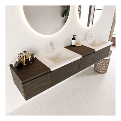 Mondiaz Bukla 200cm badmeubel met module 40 rechts dark brown 4 lades met wastafel dubbel 2 kraangaten kleur talc