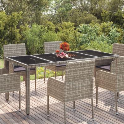 Tuintafel met glazen blad 190x90x75 cm poly rattan grijs