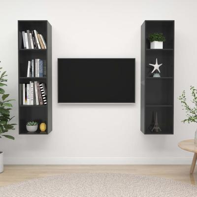 Tv-wandmeubelen 2 st bewerkt hout hoogglans grijs