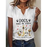 Dames T-shirt Henley-shirt Hond Brief Afdrukken Dagelijks Weekend Basic Korte mouw V-hals Zwart Lightinthebox - thumbnail