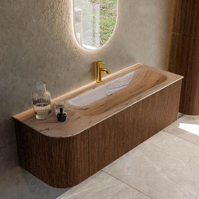 Badmeubel Mondiaz Kurve-Dlux | 135 cm | Meubelkleur Walnut | Wastafelkleur Arena | Solid surface | Wasbak rechter zijde spoelbak | 1 kraangat