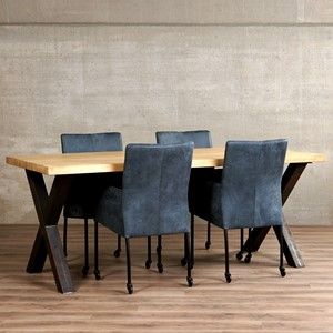 Set van 4 leren eetkamerstoelen - met wieltjes en armleuning - blauw leer - Echt leer, Modern, ontdek de vele Leersoorten en Kleuren bij ShopX