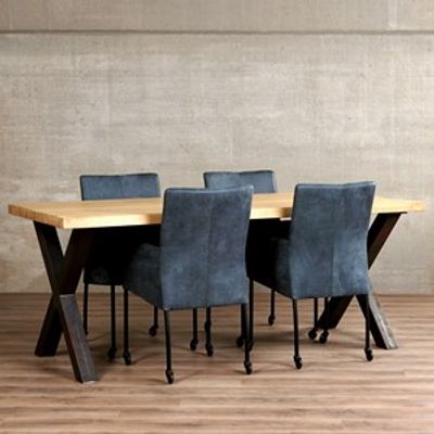 Set van 4 leren eetkamerstoelen - met wieltjes en armleuning - blauw leer - Echt leer, Modern, ontdek de vele Leersoorten en Kleuren bij ShopX