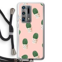 Cactusprint roze: Huawei P40 Pro Plus Transparant Hoesje met koord