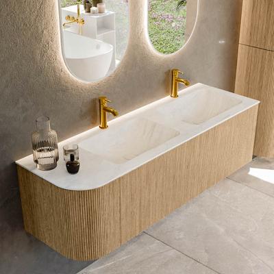 Mondiaz KURVE-DLUX 145 cm Onderkast Greeploos 1 Lade Met Deuren Oak, Wastafel Solid Surface Rechts Opalo 2 Kraangaten Zonder Spiegel (KRVLEA145L1L1D2KD-Oak/Opa)
