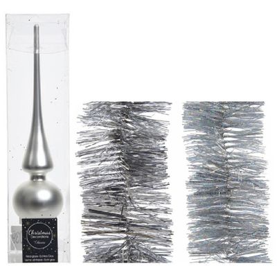 Kerstversiering glazen piek mat 26 cm en folieslingers pakket zilver van 3x stuks