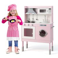 Kinderkeuken met Speelaccessoires Houten Speelkeuken Inclusief Afzuigkap & Wasmachine & Echte Geluiden & Lichtjes Kookspeelset Roze