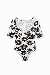 Geribde body met bloemen - WHITE - XL