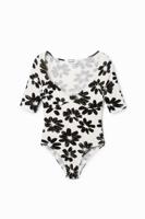 Geribde body met bloemen - WHITE - XL - thumbnail