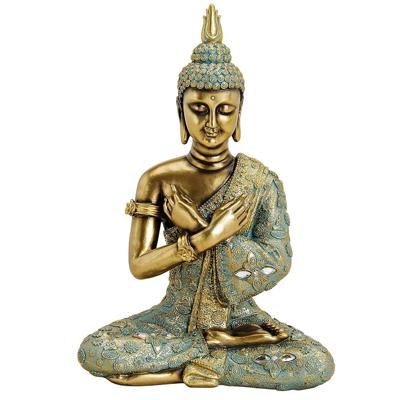 Boeddha beeldje - goud/groen - tuin en woondecoratie - 33 cm - voor binnen en buiten - zittend medit