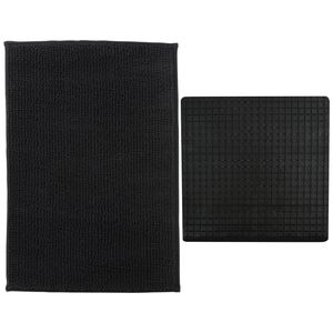 MSV Douche anti-slip mat en droogloop mat - Sevilla badkamer set - rubber/microvezel - zwart