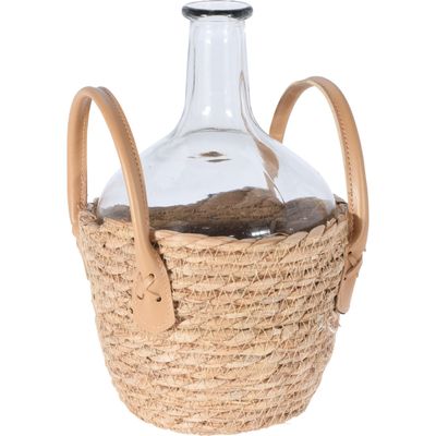 Flesvaas glas transparant met gevlochten rieten mand 18 x 27 cm
