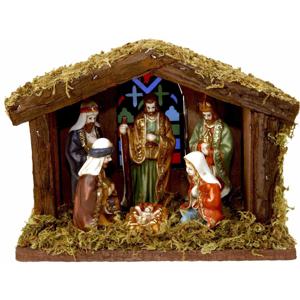 Verlichte kerststal - met 6 beelden - 20 x 8 x 15 cm - hout/keramiek - kerststalletjes