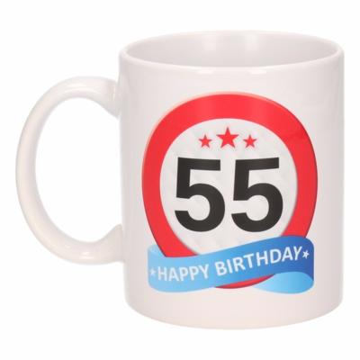 55 jaar Verjaardag koffiemok - cadeau beker - stopbord print - 300 ml - keramiek - wit